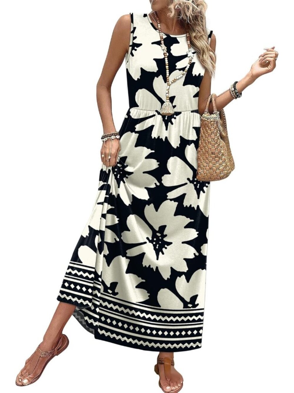 Women Chrysanthemum Pull On A Line Sleeveless Sundresses Pockets Maxi Dresses